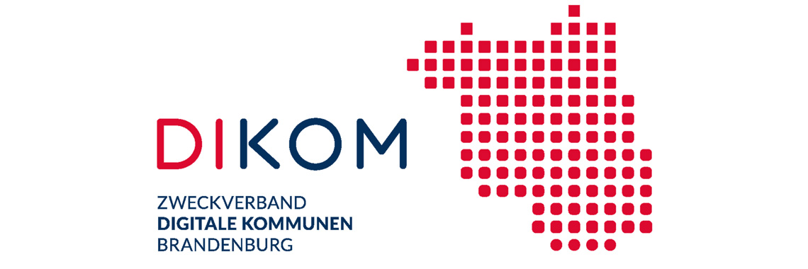 Bild: Logo DIKOM - rote Brandenburgkarte mit Schriftzug DIKOM Zweckverband Digitale Kommunen Brandenburg