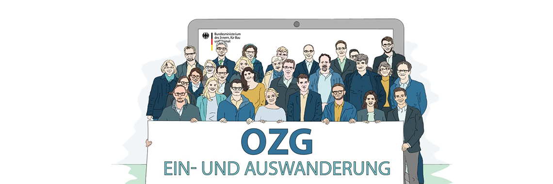 Illustration OZG Themenfeld Ein- & Auswanderung - Eine Gruppe von Personen hält ein Schild mit der Aufschrift "OZG Ein- und Auswanderung" hoch. Im Hintergrund ist ein Bildschirm mit dem Logo des BMI angedeutet.
