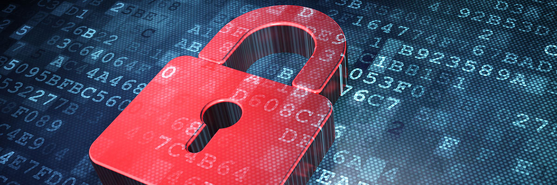 Symbolbild IT-Sicherheit - Rotes Schloss vor blauem Hintergrund mit Daten und Zahlen