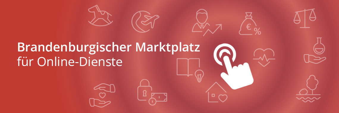 Header Brandenburgischer Marktplatz für kommunale Online-Dienste. Im Vordergrund ist eine Hand zu sehen, welche auf einen Knopf drückt, die Wellenbewegungen auslöst. Im Hintergrund sind die Icons der OZG-Themenfelder abgebildet.