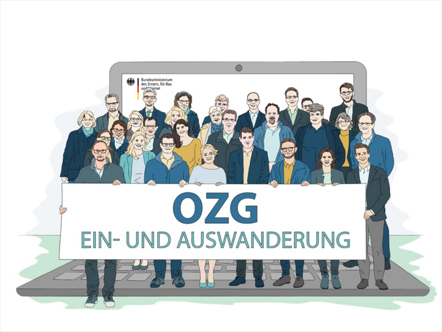 Illustration OZG Themenfeld Ein- & Auswanderung - Eine Gruppe von Personen hält ein Schild mit der Aufschrift "OZG Ein- und Auswanderung" hoch. Im Hintergrund ist ein Bildschirm mit dem Logo des BMI angedeutet.